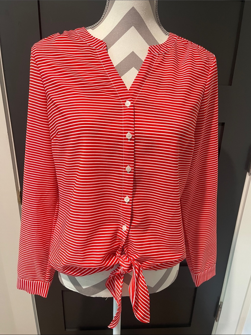 Talbots Striped Nautical Button Front Tie Hem Blouse Size S